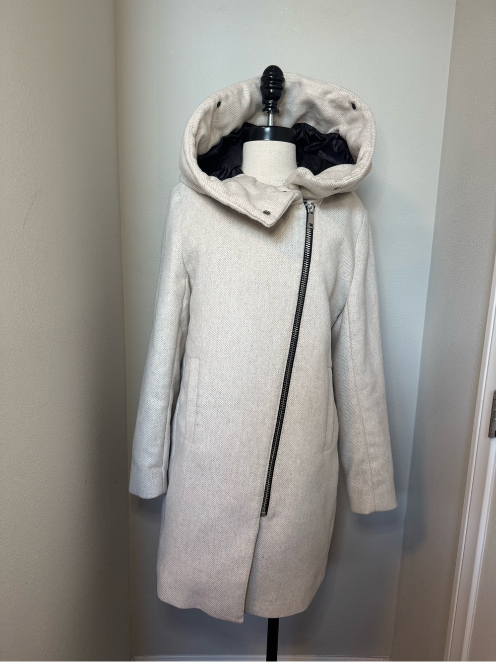 Mango Cream Wool Blend Hooded Asymmetric Zip Trench Coat